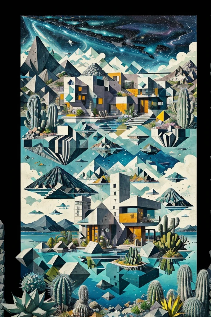 An illustration, collage style, David Hockney visual style, (((Luis Barragán's architectural style houses in middle of a lake))), big boulders, little cascade, mountains, volcanos, volcanic landscape, pool, stairs, beautiful gardens, abundant vegetation, cacti, agave, big clouds, sunset. Magazine cover, serif tipography, editorial design, masterpiece, An illustration in collage style, con rocas gigantes, Brutalist construction sections, escaleras, cactus, agave, textura de concreto, Multiple geometric shapes, hatch and cross hatching, planeta Saturno. ((masterpiece, best quality)),illustration,ultra detailed 8k. (((An illustration of a build designed by Luis Barragán))), with a desertic vegetation garden, (big rocks), ((cacti)), lake, volcano in horizon, smooth clouds, (((illustration collage format))), ((Escher's art style)), (((multiple sections))), (violet, blue, olive green, grey, black and white), hard shadows, (((geometric sculptures))), concrete sculptures, high contrast, dramatic, cinematographic, ((milky way galaxy)), intricate, intricate details, sharp focus,landscape