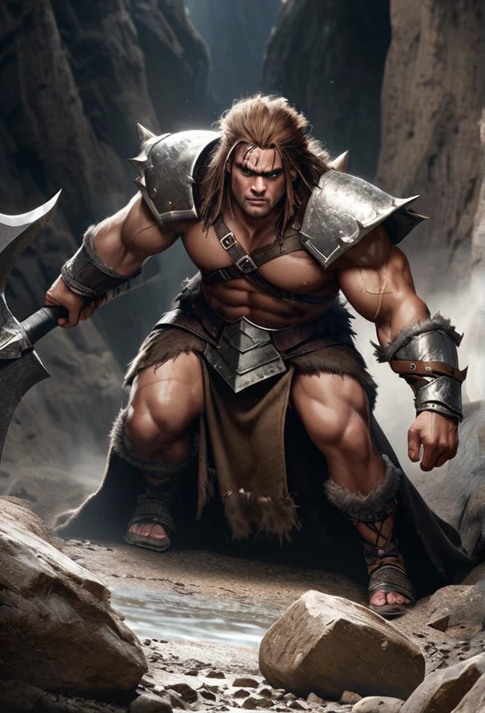 Barbarian king, muscular, huge axe, armor, realistic, abyss scene, full body