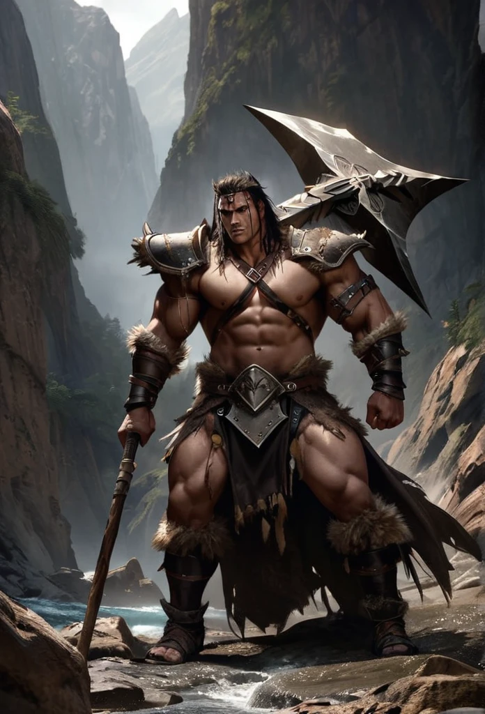 Barbarian king, muscular, huge axe, armor, realistic, abyss scene, full body