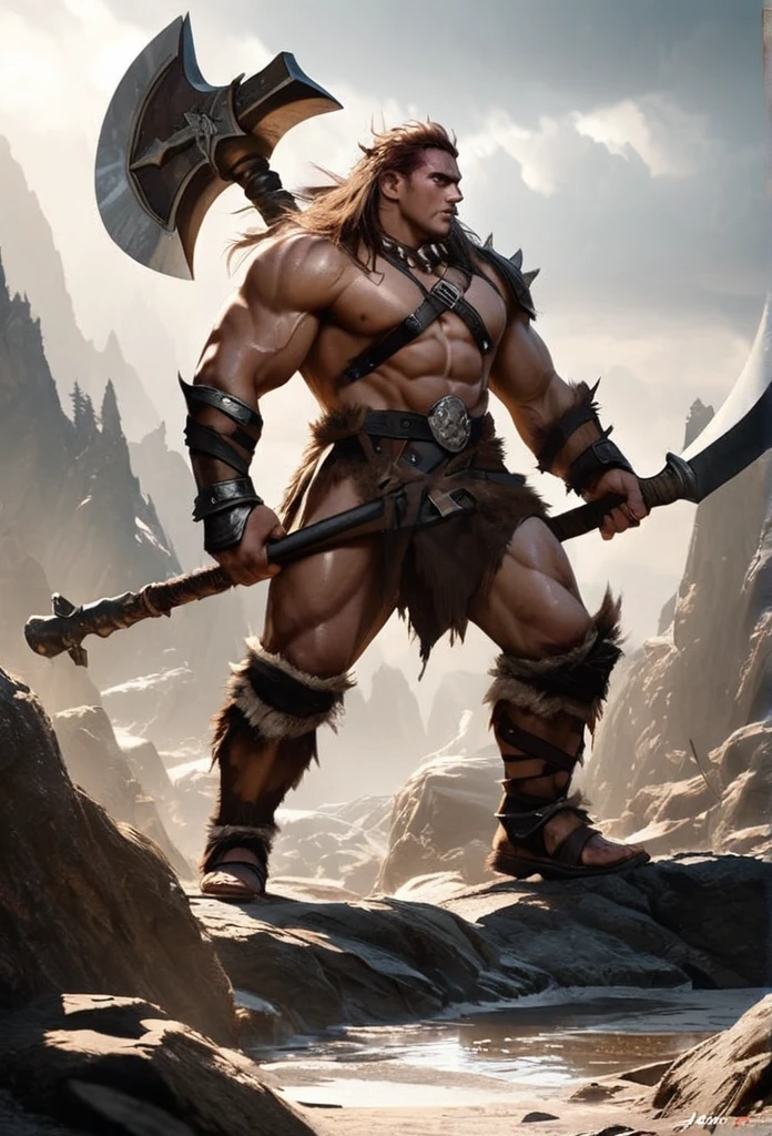 Barbarian king, muscular, huge axe, armor, realistic, abyss scene, full body