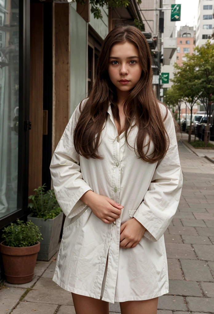 Create a realistic image of a young girl with brown hair and fair skin. The girl has long flowing hair and expressive green eyes.. She is wearing a black coat and a white cotton shirt, standing against the backdrop of a May cityscape with green streets and buildings. The overall appearance should convey the warm season and the atmosphere of a city street, with an emphasis on the natural beauty and calm expression of the girl’s face.