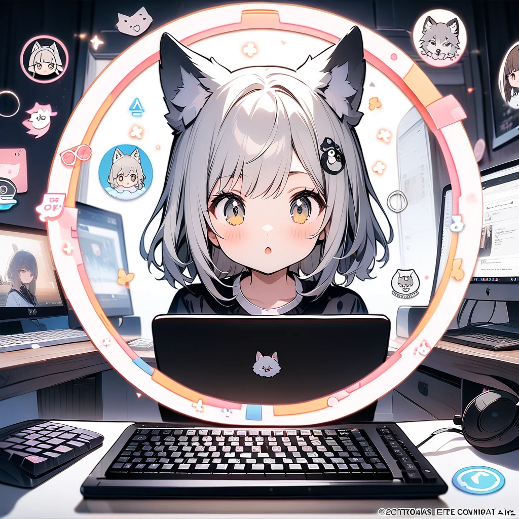 (circle frame1.7),1girl,solo,wolf ears,, masterpiece art, on the computer, keyboard, pc,typing on the keyboard, cute girl,icon, circle frame,
