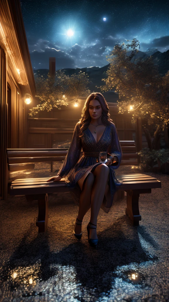 a woman sitting on a wooden bench under a moonlit night sky, holding a glass of red wine, stars and planets reflected in the wine glass, detailed facial features, beautiful intricate dress, glowing moonlight, dramatic lighting, fantasy landscape, cinematic composition, warm color tones, (best quality,4k,8k,highres,masterpiece:1.2),ultra-detailed,(realistic,photorealistic,photo-realistic:1.37),digital art, concept art, cinematic lighting
