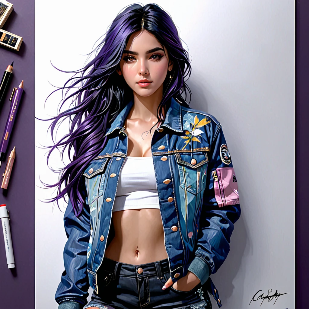 (masterpiece, 16k, ultra high res, ultra realistic), 1 girl, french girl (full body view, showing entire head and feet, proportional body), 20 years old, long hair, purple mix black hair, wearing a denim jacket (detailed jacket), detailed face with proportional eyes and blush, art by Carne Griffiths and Wadim Kashin, concept art, cinematic, epic, trending on artstation, full body from head to toe in frame, octane render
