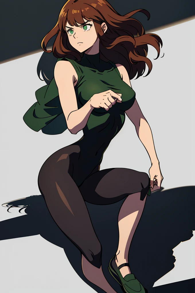 Cartoon style, simple design, a with wavy auburn hair, green eyes, and a slender build. casual comfortable clothing, (cel shaded, cartoony shading:1.2), black lineart, black outline, flat coloring, (strong shadows, dark shadows:1.2), full body, white background,