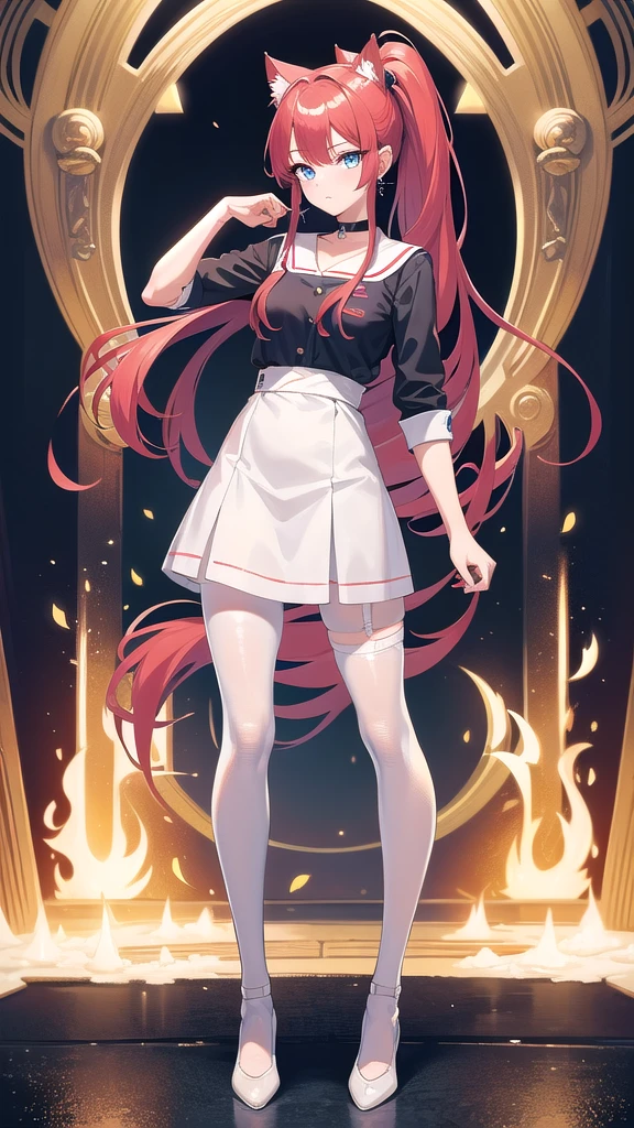 Masterpiece, top quality, best quality, official art, beautiful and aesthetic, anime, 1girl,extremely detailed, colorful, more detailed ((ultra-detailed)), (highly detailed CG illustration),Best Quality, High resolution, Unity 8k Wallpaper, (Illustration:0.8), (Beautiful detailed eyes:1.6), extra detailed face, Perfect Lighting, extremely details CG, (Perfect hands, Perfect Anatomy),hospital,in school,nurse,doctor,red long hair, cat ears,ponytail,blue eyes, barrette,black choker,earrings,skinny fit,small breast,white nurse uniform,white pantyhose,in center, looking in camera, full body shot.