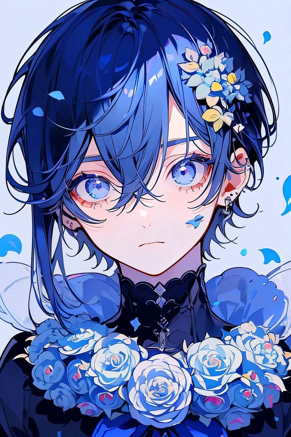 (Mastepiece), (Best Quality), Very detailed, 1 boy, Solo Shooting, Perfect Face, Beautiful Face, Very detailedな顔，(Blue Hair:1.3)，(short hair:1.4)、(Big eyes:1.4)，(Long eyelashes:1.4)、(Blue Eyes:1.3)、Lots of flowers、petal、(laughing:1.4)