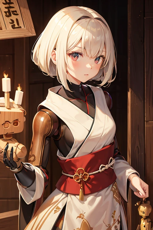 ((Wooden Humanoid Robot)),kimono,Wood grain body,Made to resemble a girl,knife,Combat Ready,The background is a castle town