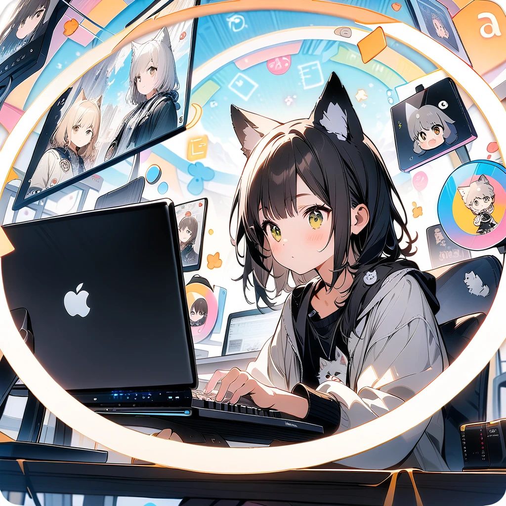 (circle frame1.7),1girl,solo,wolf ears,, masterpiece art, on the computer, keyboard, pc,typing on the keyboard, cute girl,icon, circle frame,