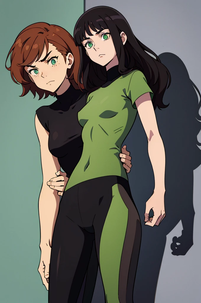 Cartoon style, simple design, a 16-year-old girl with wavy auburn hair, green eyes, and a slender build. casual comfortable clothing, (cel shaded, cartoony shading:1.2), black lineart, black outline, flat coloring, (strong shadows, dark shadows:1.2),