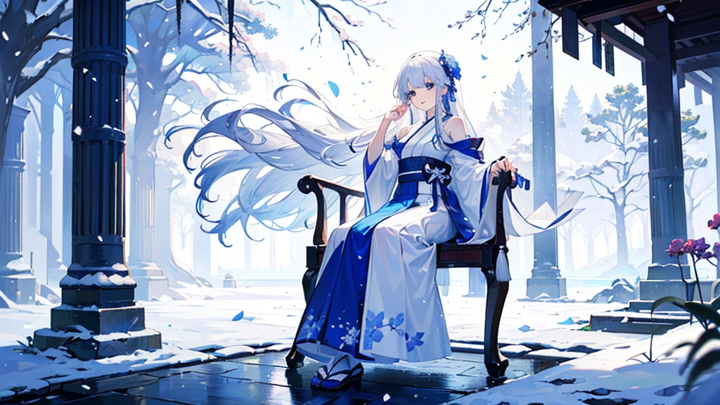 ((best quality,masterpiece,Extremely complex and exquisite details,There is only one beautiful girl with long white straight hair and blue eyes,Smile,long skirt)),(Exquisite light blue and white Japanese clothing,Beautiful bright and exquisite snow white ancient style high transparent architectural background),(correct anatomy,exquisite face),(touch flowers,Snow,Falling Flowers,Majestic and elegant outdoors),((Long-distance full body picture of a single person,Sitting by the lake))