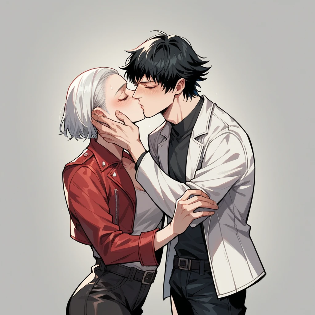 1 woman black hair lady (from devil may cry 5:1.1), white jacket, black pants, with 1 beautyfull man, 1 man white hair dante (from devil may cry 5:1.1), red jacket, kissing
