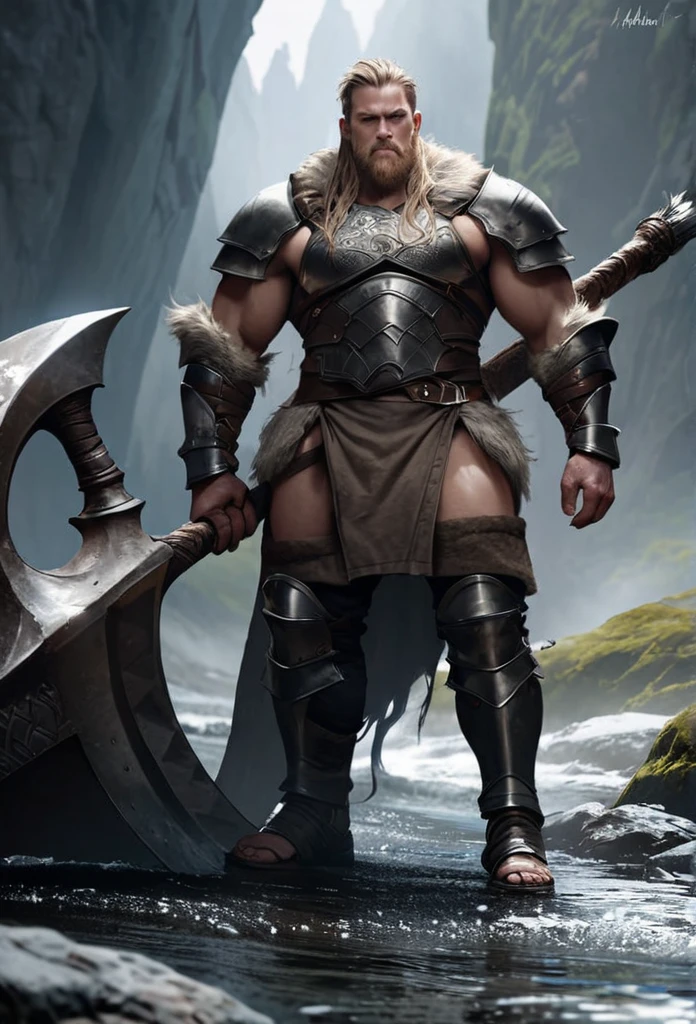 Viking, muscular, huge axe, armor, realistic, abyss scene, full body, masterpiece