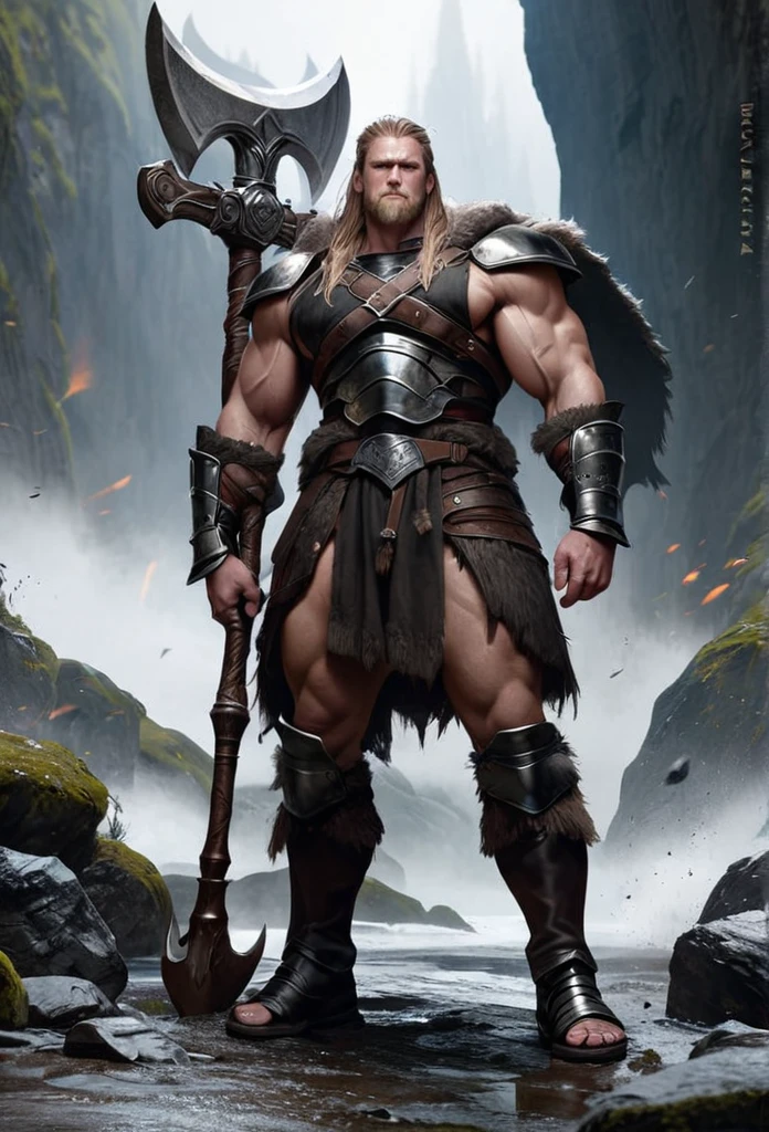 Viking, muscular, huge axe, armor, realistic, abyss scene, full body, masterpiece