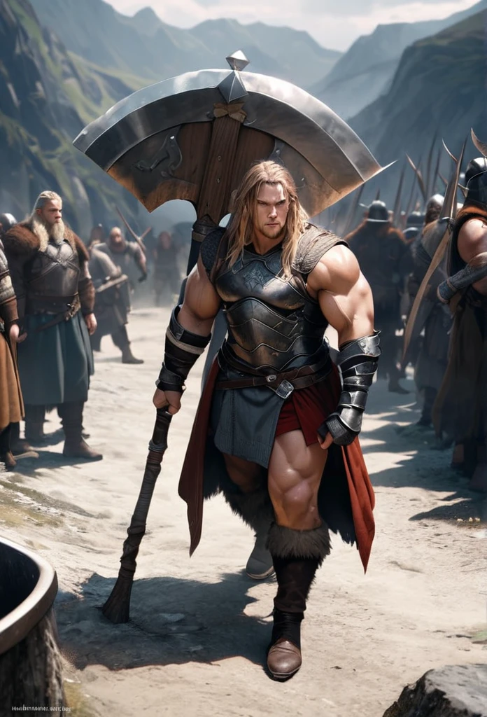 Viking, muscular, huge axe, armor, realistic, abyss scene, full body, masterpiece