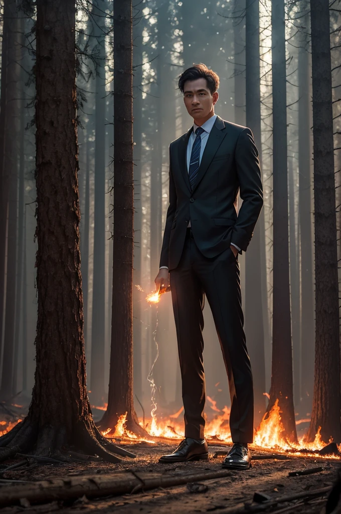 man wearing formal social clothes, including a suit, tie, and polished shoes, standing in a forest that is engulfed in flames. The trees around him are on fire, with smoke billowing up into the sky. The man is holding a glowing yellow gem in his hand, which casts a bright light amidst the fiery chaos. His expression is serious and determined, contrasting with the destruction around him. The background should emphasize the intensity of the forest fire, with burning trees and glowing embers, highlighting the dramatic and urgent nature of the scene