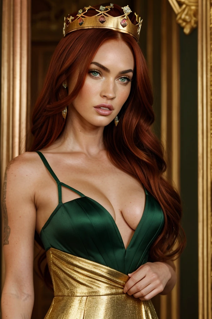 green eyed nymph, long copper red hair, Megan Fox Lips, gold princess dress and crown 