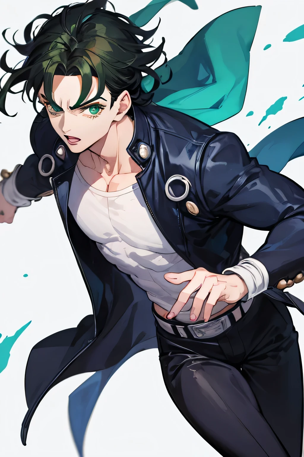 Jojo's bizarre adventure style, A person in their 20s, detailed jojo features, overcoat, green eyes, posing, dark hair, 2d, anime