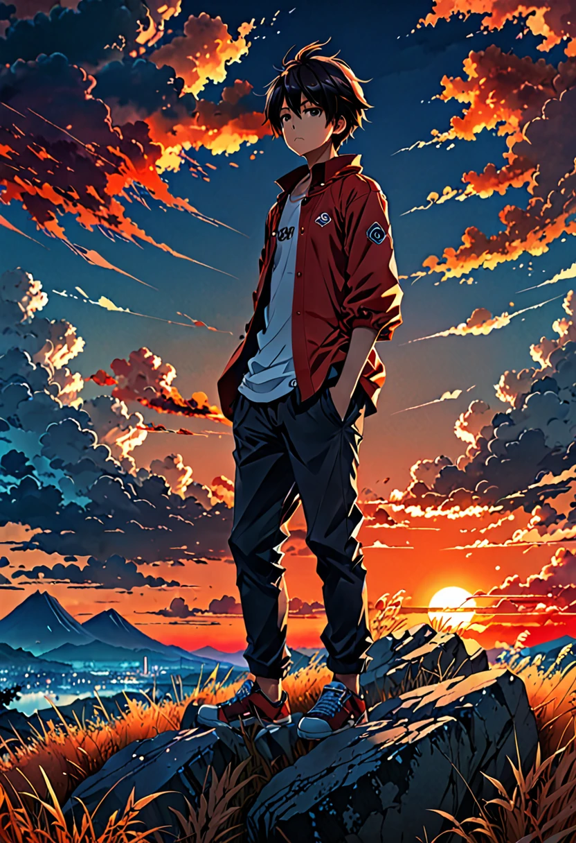anime landscape of a boy on a hill of rocks with grasses, sunset with orange and red infernal clouds, anime nature wallpapers, beautiful anime scene, beautiful anime peace scene, Makoto Shinkai Cyril Rolando, beautiful scene of anime, amazing wallpaper, anime art wallpaper 8k, anime background, artistic anime background, 4k anime wallpaper, anime art wallpaper 4k, anime art wallpaper 4k,