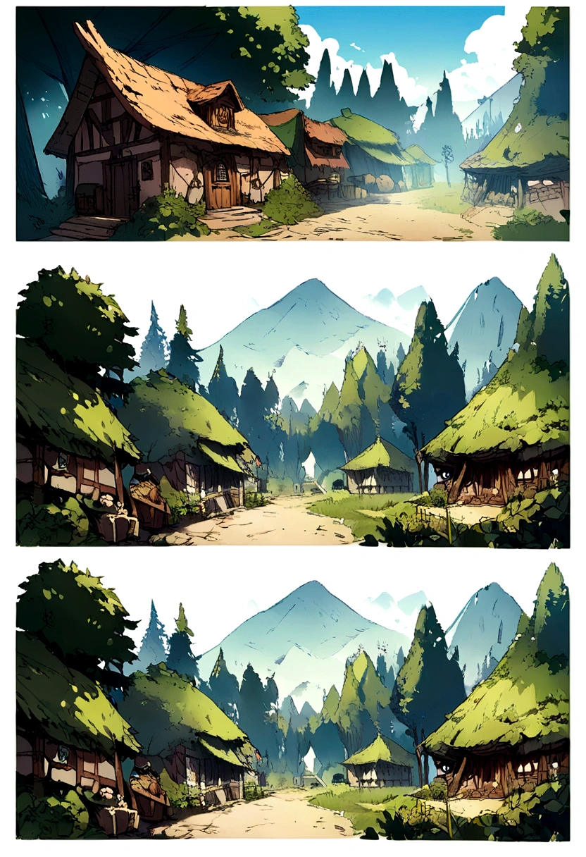 Concept art of a village in the forest for a fantasy game