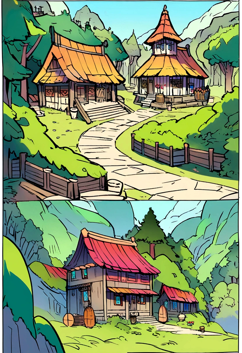 Concept art of a village in the forest for a fantasy game