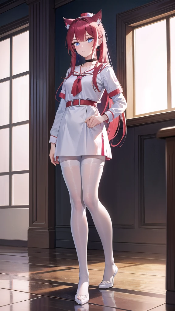 Masterpiece, top quality, best quality, official art, beautiful and aesthetic, anime, 1girl,extremely detailed, colorful, more detailed ((ultra-detailed)), (highly detailed CG illustration),Best Quality, High resolution, Unity 8k Wallpaper, (Illustration:0.8), (Beautiful detailed eyes:1.6), extra detailed face, Perfect Lighting, extremely details CG, (Perfect hands, Perfect Anatomy),hospital,in school,nurse,doctor,red long hair, cat ears,ponytail,blue eyes, barrette,black choker,earrings,skinny fit,small breast,white nurse uniform,white pantyhose,in center of room,between beds,looking in camera, full body shot.