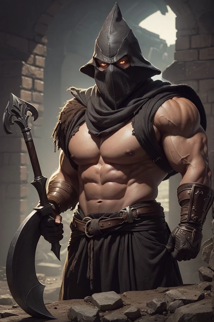 I want you to draw a muscular and evil shovel that the shovel is its head and that it has no face in dungeon and dragon drawing style