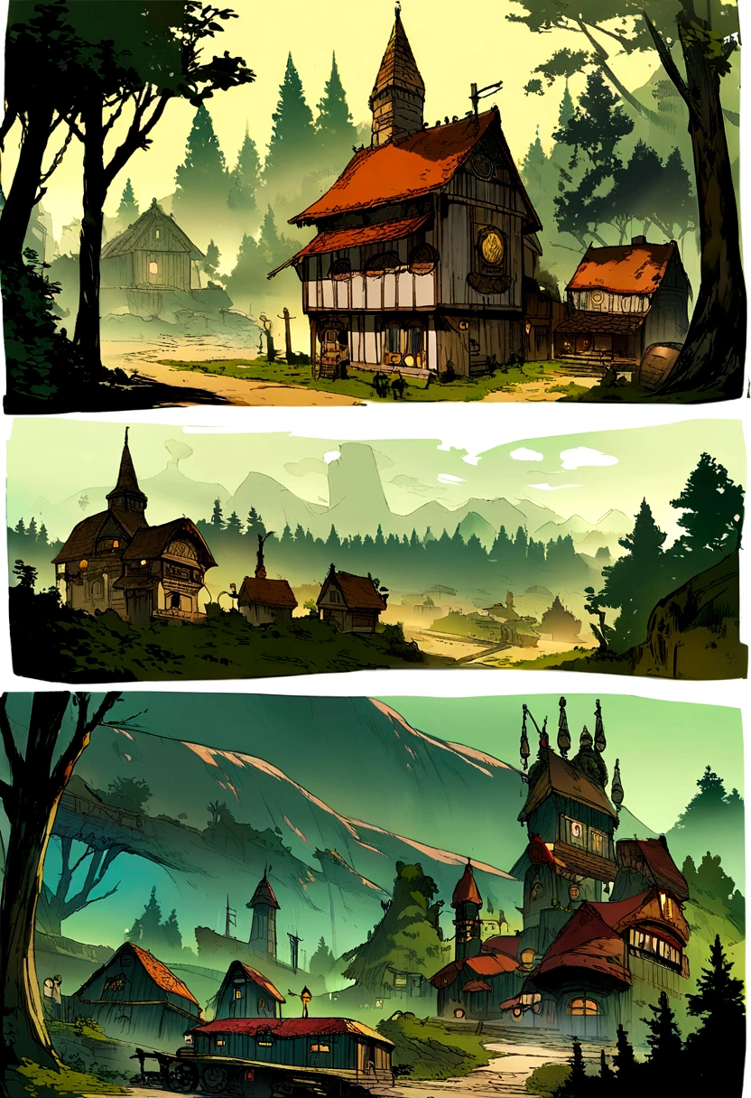 Concept art of a village in the forest for a game in the steampunk genre