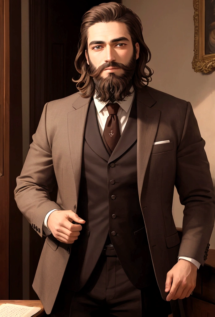 (Masterpiece, Best Quality:1.2), wise philosopher, with beard, old style suit, Brown eyes