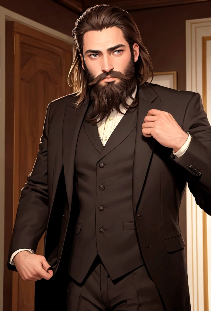 (Masterpiece, Best Quality:1.2), wise philosopher, with beard, old style suit, Brown eyes