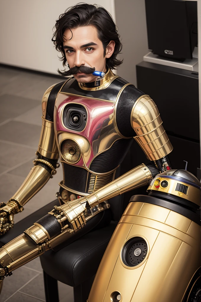Gay, mustachioed C3-PO robot