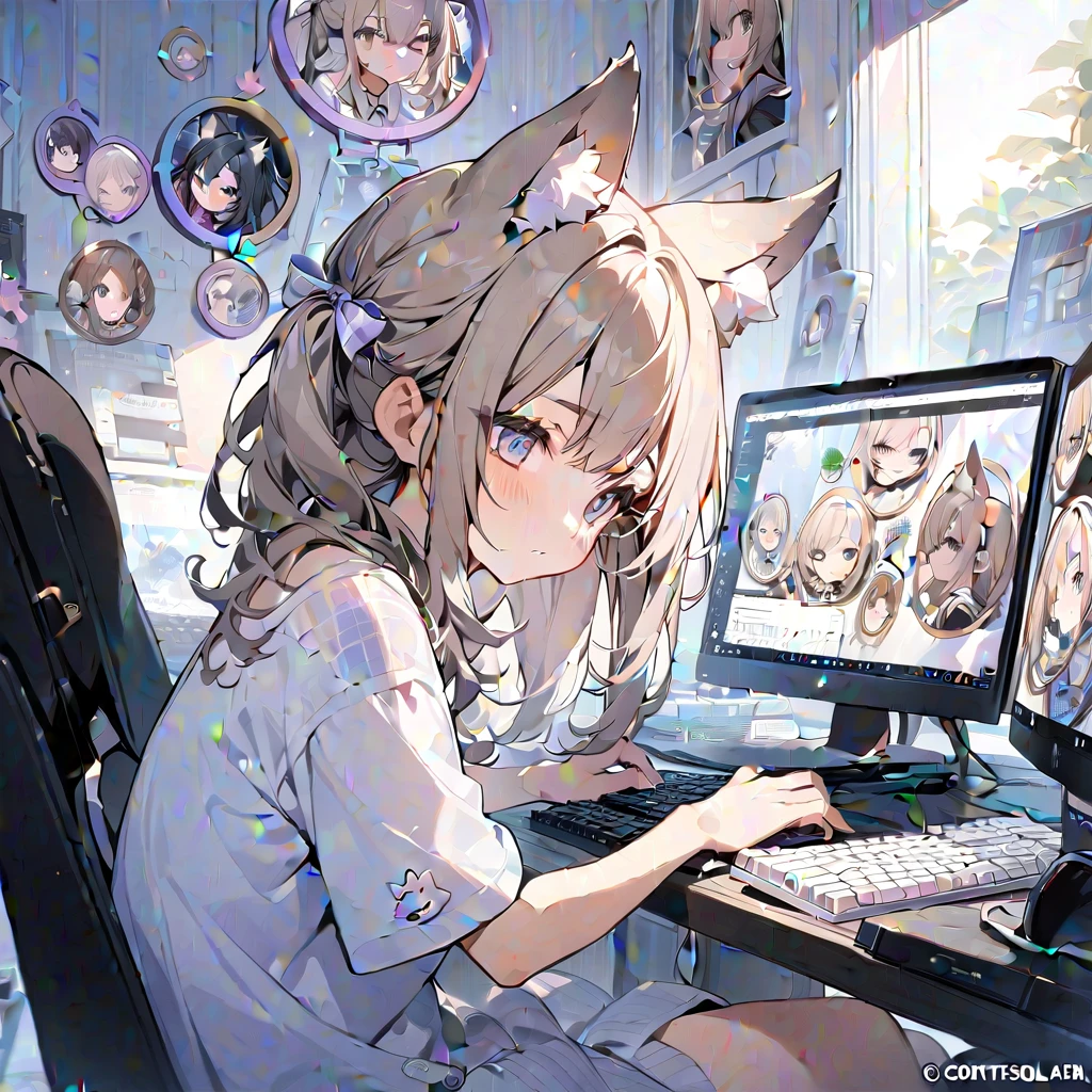 (circle frame1.7),1girl,solo,wolf ears,, masterpiece art, on the computer, keyboard, pc,typing on the keyboard, cute girl,icon, circle frame,