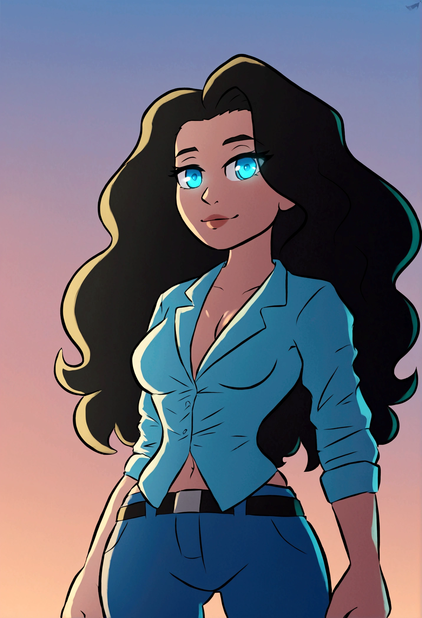 Curvy blue eyed girl with long wavy black hair and small breasts, (extreme nsfw)2.5