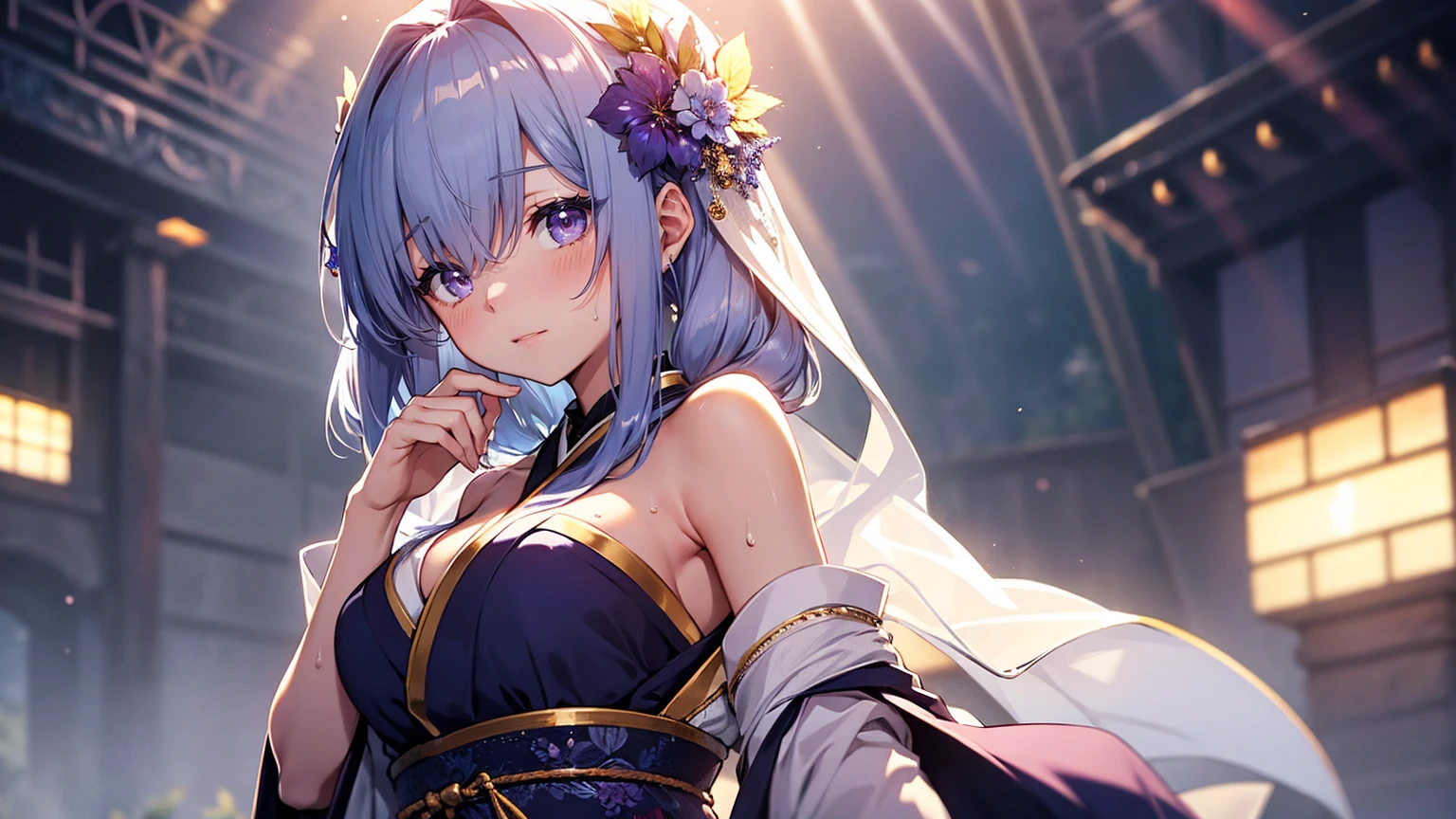 A 20-year-old Japanese idol with a delicate and beautiful face, large eyes, and translucent skin is singing on stage in an idol's costume and with an enchanting expression on her face. A gentle, warm light surrounds her. The background is filled with soft out-of-focus light, and the pale blue and purple tones create a dreamy, serene, and enchanting atmosphere. Sweat glistens and surrounds her, enhancing the fantastic and ethereal atmosphere. Emphasis on the armpits