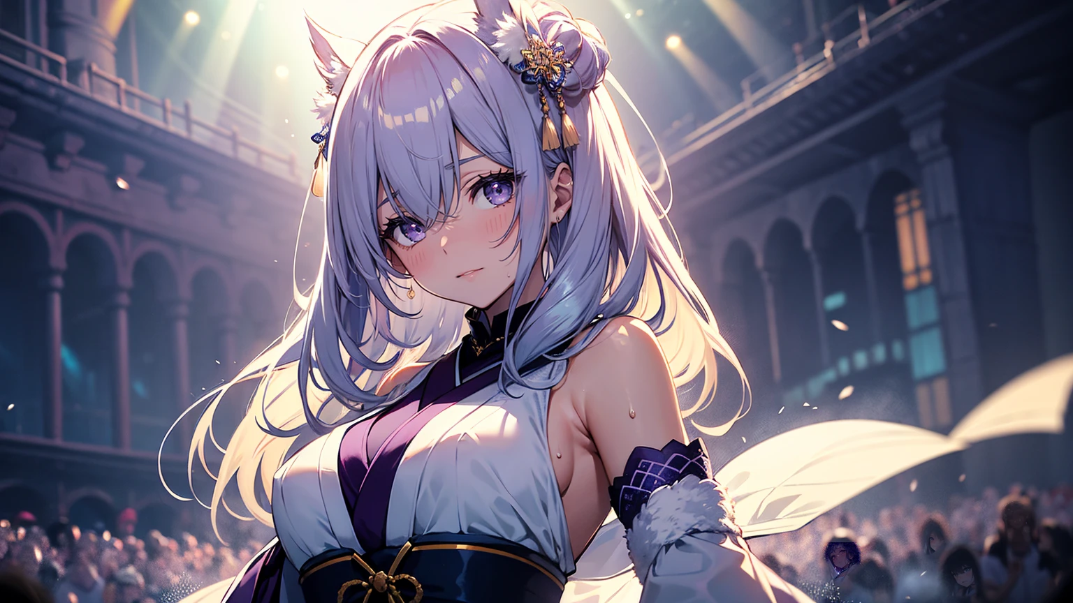 A 20-year-old Japanese idol with a delicate and beautiful face, large eyes, and translucent skin is singing on stage in an idol's costume and with an enchanting expression on her face. A gentle, warm light surrounds her. The background is filled with soft out-of-focus light, and the pale blue and purple tones create a dreamy, serene, and enchanting atmosphere. Sweat glistens and surrounds her, enhancing the fantastic and ethereal atmosphere. Emphasis on the armpits