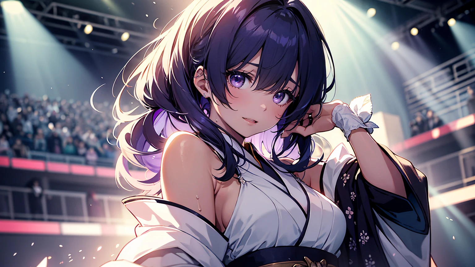 A 20-year-old Japanese idol with a delicate and beautiful face, large eyes, and translucent skin is singing on stage in an idol's costume and with an enchanting expression on her face. A gentle, warm light surrounds her. The background is filled with soft out-of-focus light, and the pale blue and purple tones create a dreamy, serene, and enchanting atmosphere. Sweat glistens and surrounds her, enhancing the fantastic and ethereal atmosphere. Emphasis on the armpits