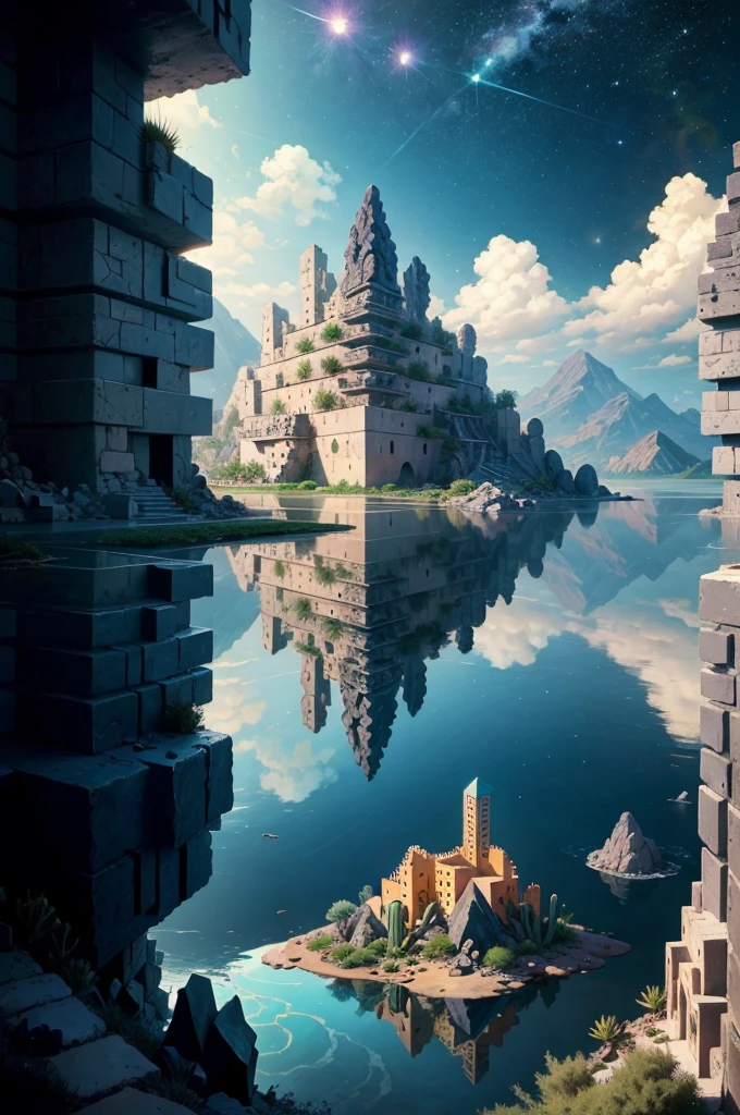 An illustration, collage style, David Hockney visual style, (((Luis Barragán's architectural style houses in middle of a lake))), big boulders, little cascade, mountains, volcanos, volcanic landscape, pool, stairs, beautiful gardens, abundant vegetation, cacti, agave, big clouds, sunset. Magazine cover, serif tipography, editorial design, masterpiece, An illustration in collage style, con rocas gigantes, Brutalist construction sections, escaleras, cactus, agave, textura de concreto, Multiple geometric shapes, hatch and cross hatching, planeta Saturno. ((masterpiece, best quality)),illustration,ultra detailed 8k. (((An illustration of a build designed by Luis Barragán))), with a desertic vegetation garden, (big rocks), ((cacti)), lake, volcano in horizon, smooth clouds, (((illustration collage format))), ((Escher's art style)), (((multiple sections))), (violet, blue, olive green, grey, black and white), hard shadows, (((geometric sculptures))), concrete sculptures, high contrast, dramatic, cinematographic, ((milky way galaxy)), intricate, intricate details, sharp focus,landscape