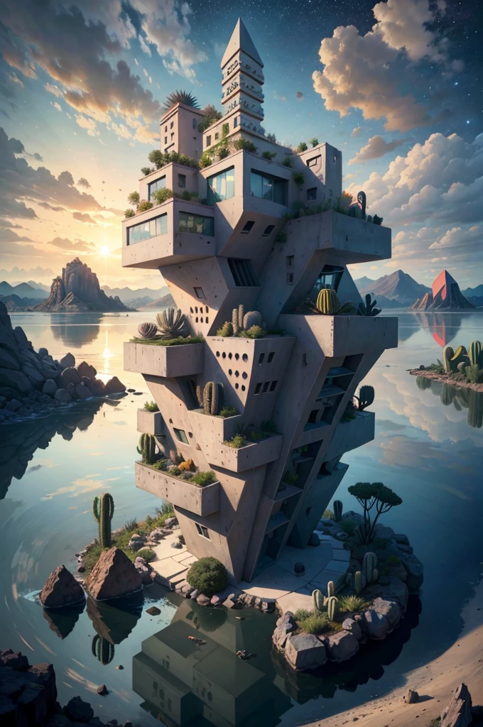 An illustration, collage style, David Hockney visual style, (((Luis Barragán's architectural style houses in middle of a lake))), big boulders, little cascade, mountains, volcanos, volcanic landscape, pool, stairs, beautiful gardens, abundant vegetation, cacti, agave, big clouds, sunset. Magazine cover, serif tipography, editorial design, masterpiece, An illustration in collage style, con rocas gigantes, Brutalist construction sections, escaleras, cactus, agave, textura de concreto, Multiple geometric shapes, hatch and cross hatching, planeta Saturno. ((masterpiece, best quality)),illustration,ultra detailed 8k. (((An illustration of a build designed by Luis Barragán))), with a desertic vegetation garden, (big rocks), ((cacti)), lake, volcano in horizon, smooth clouds, (((illustration collage format))), ((Escher's art style)), (((multiple sections))), (violet, blue, olive green, grey, black and white), hard shadows, (((geometric sculptures))), concrete sculptures, high contrast, dramatic, cinematographic, ((milky way galaxy)), intricate, intricate details, sharp focus,landscape