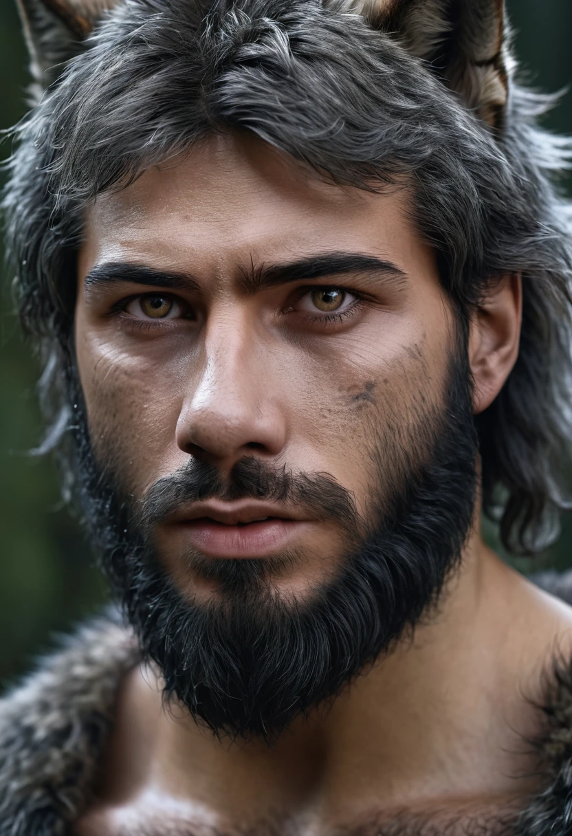 Realistic photograph of a male werewolf with alpha wolf features. Realistic fusion of faces of a bearded human being and an earless wolf.
Image with many details, realistic textures, 4k quality, high quality photography