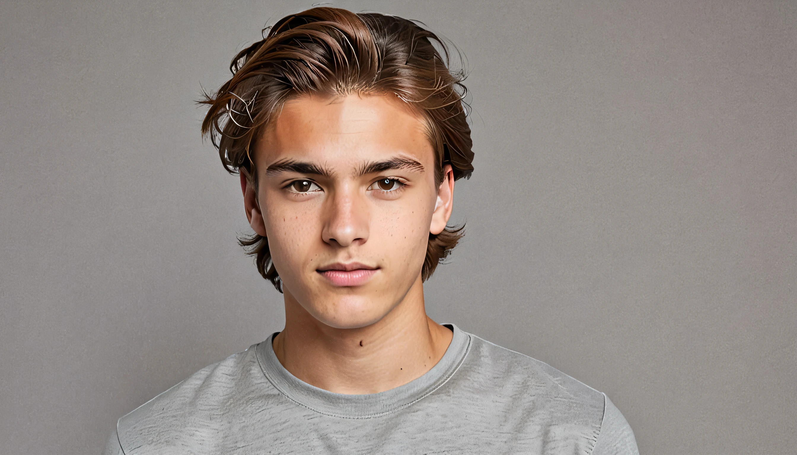 Create an image of a young man with light brown hair, short and combed to the side, Wearing a gray t-shirt. The young person must have a neutral facial expression and be looking directly at the camera, facing the camera, centralized no frame, sem cortes. In the background of the young man a solid neutral color