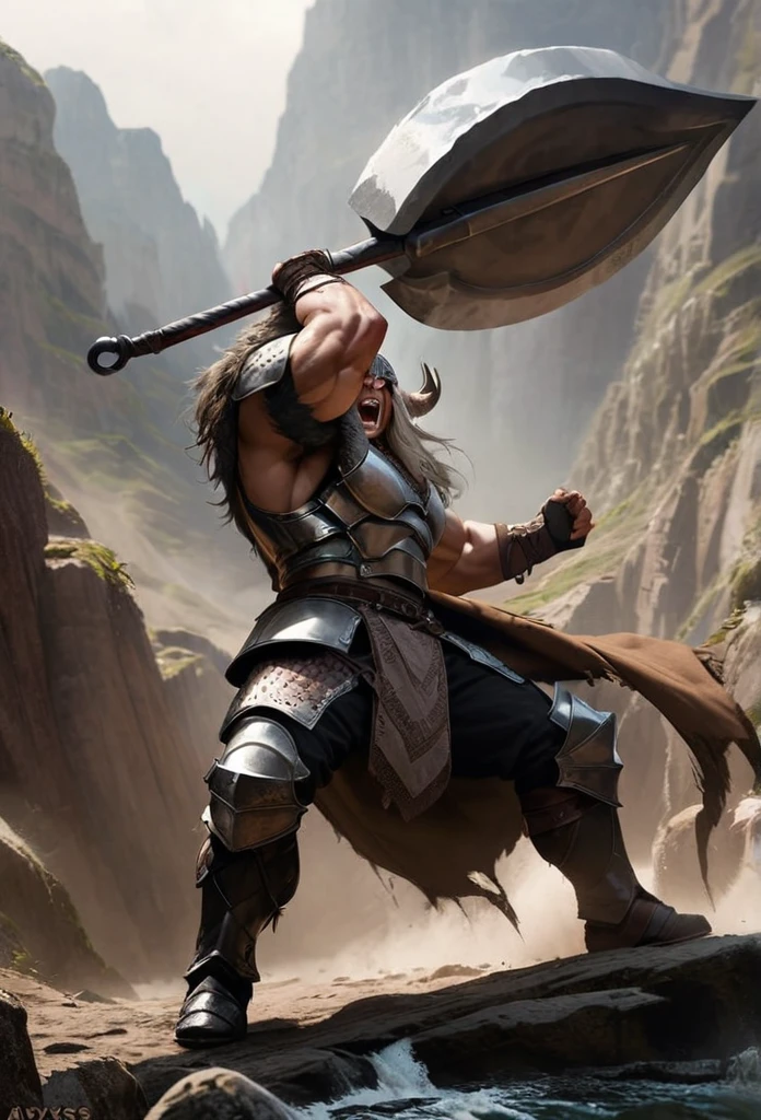 Viking, muscular, huge axe, heavy plate armor, realistic, abyss scene, full body, masterpiece, scar, rage