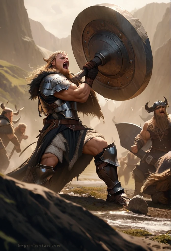 Viking, muscular, huge axe, heavy plate armor, realistic, abyss scene, full body, masterpiece, scar, rage