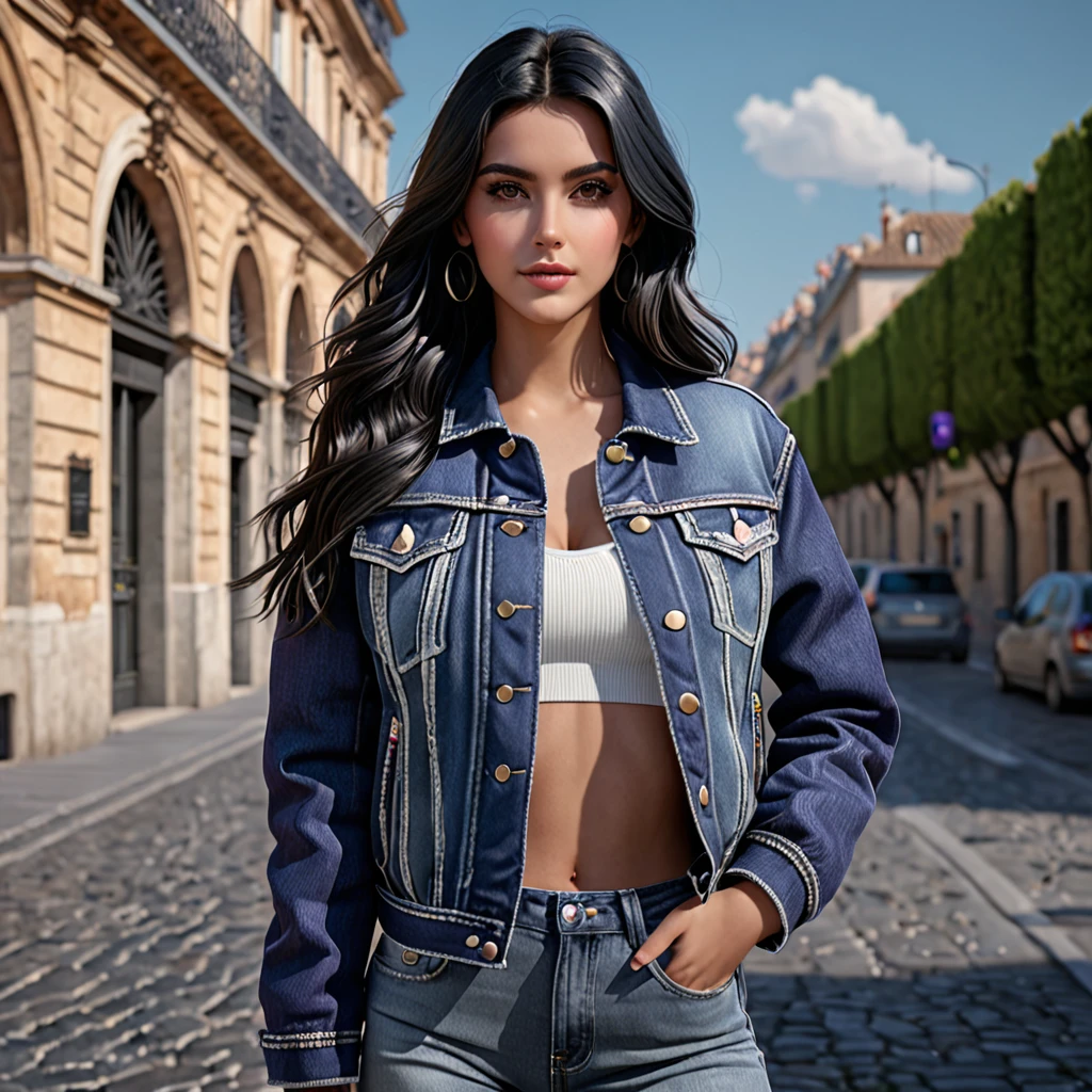 (masterpiece, 16k, ultra high res, ultra realistic, photorealistic:1.4), 1 girl, french girl (full body view, showing entire head and feet, proportional body), 20 years old, long hair, purple mix black hair, wearing a denim jacket (detailed jacket), detailed face with proportional eyes and blush, cinematic, epic, trending on artstation, full body from head to toe in frame, octane render
