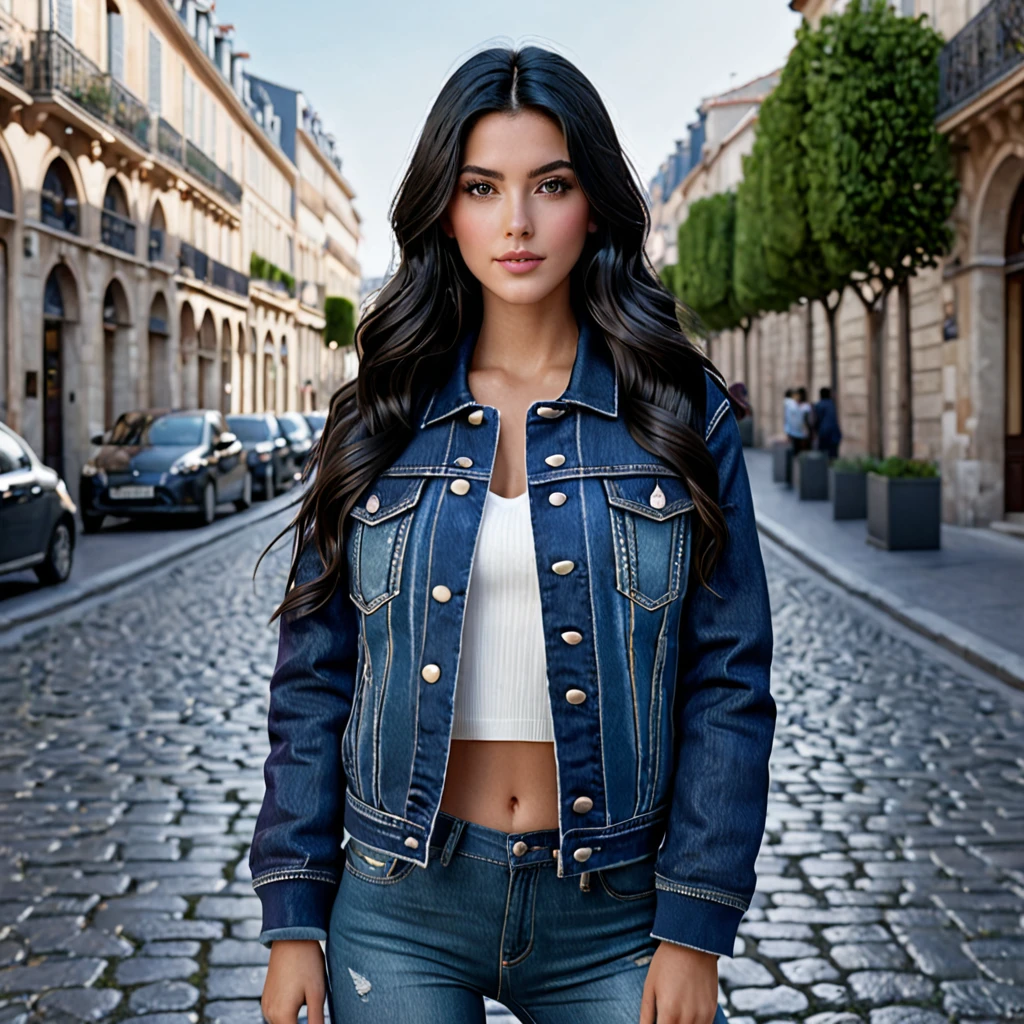 (masterpiece, 16k, ultra high res, ultra realistic, photorealistic:1.4), 1 girl, french girl (full body view, showing entire head and feet, proportional body), 20 years old, long hair, purple mix black hair, wearing a denim jacket (detailed jacket), detailed face with proportional eyes and blush, cinematic, epic, trending on artstation, full body from head to toe in frame, octane render