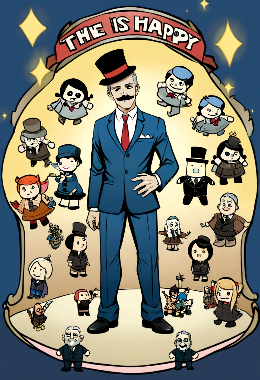 create a character for me by Barão Hermogenio Silva, with old attire like a suit and top hat and a gray mustache, the suit must be navy blue and the style of the image similar to the doll from the game Monopoly, O Sr.monopoly in film cartoon style. the text also needs to say to have several positions of the doll and to show a happy little man, It is important that he is happy and appears receptive. You don't need to show the whole body, but it's important that no part is cut out.