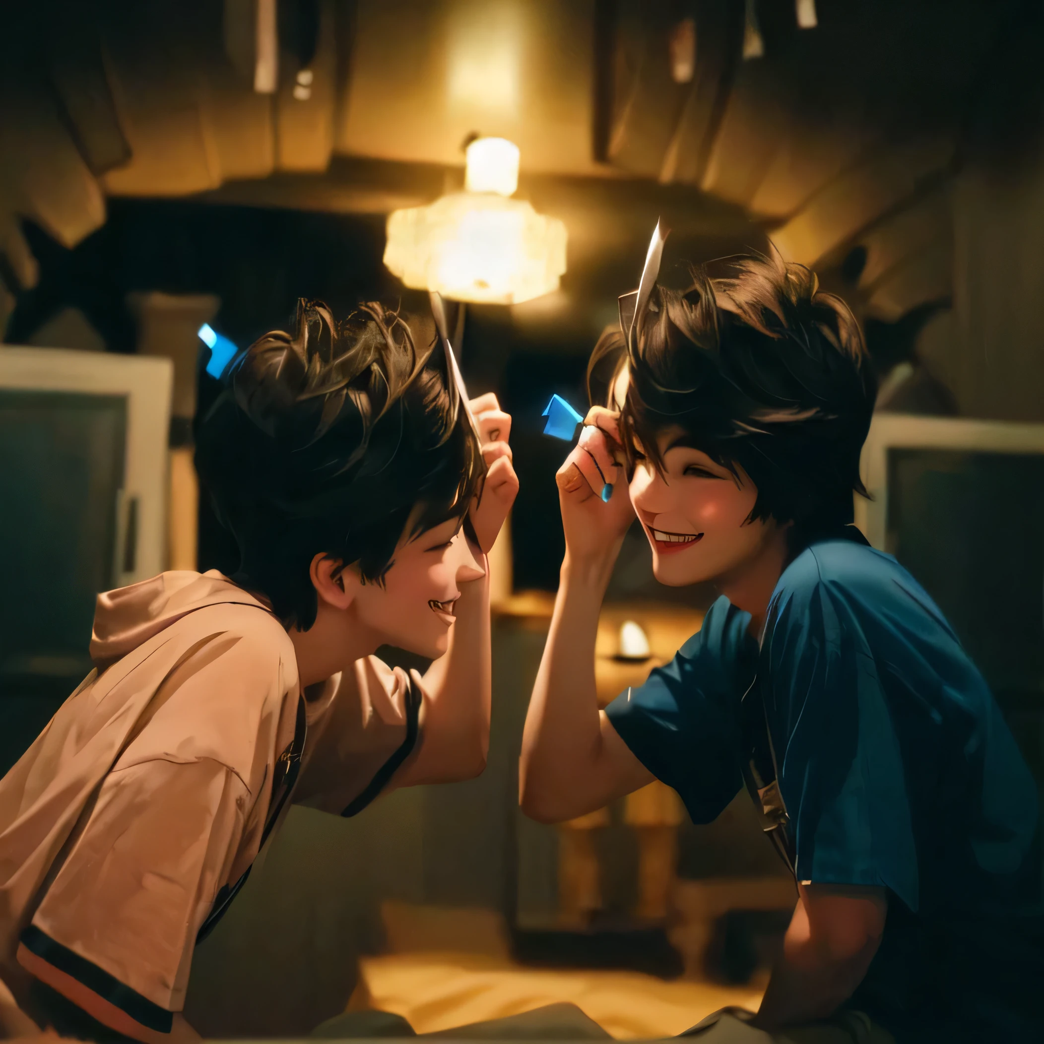 two cute boys smile are playing with scissors in a dimly lit room, still from a live action movie, # film, scene from live action movie, moviestill, japanese live-action movie, wide film still, screenshot from a movie, high quality film still, lofi, highlight scene of the movie, still from the movie, photo 1 5 mm.