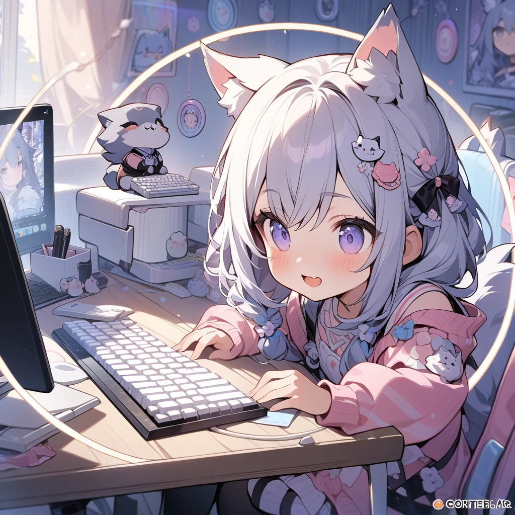 (circle frame1.7),1girl,solo,wolf ears,, masterpiece art, on the computer, keyboard, pc,typing on the keyboard, cute girl,icon, circle frame,