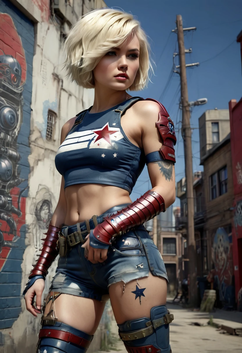Ultra-realistic CG K ,((premium、8k、32k、Masterpiece、NFFSW:1.3)), (superfine illustration)、(super high resolution), (((standing adult body, dynamic and fun pose:1.3))), (((1 girl in))), ((( short hair bob ))), 25 year old cyberpunk gladiator with perfect body, Shoulder pads with metal spikes., Gladiadores in Brooklyn, (( short hair bob )), Torn rugby team t-shirt, in the wild urban style of Simon Bisley, short blonde hair, minimal clothing, Metallic protection on the left arm with complex graphics...., Dark red with white stars and blue and white stripes., armor, Full of spikes and rivets., poison tattoo (((Image from the knee up))), short white blonde hair, In the background、 There is a wall with an intricate design painted by Shepard Fairey....