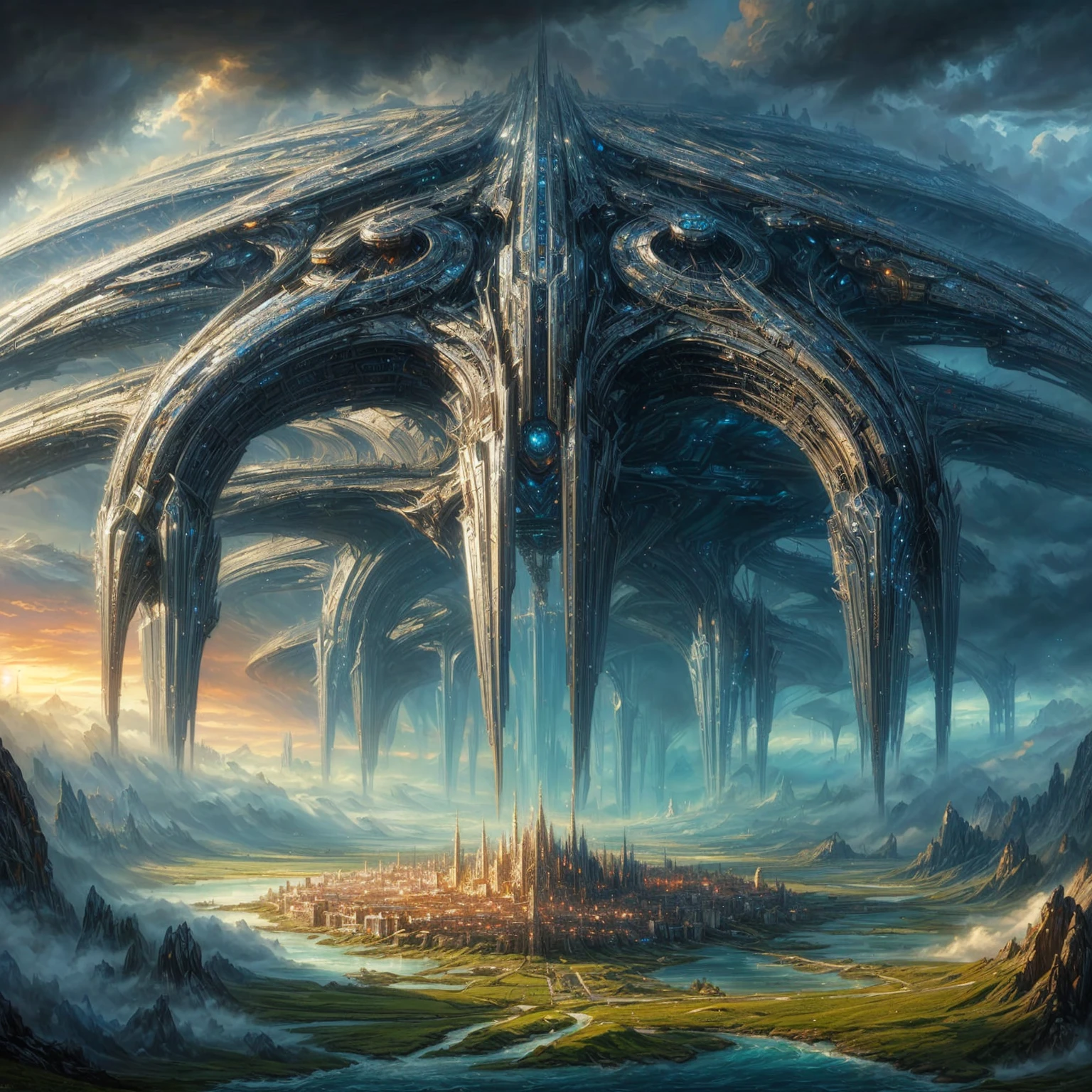 a painting of a futuristic city in the middle of a mountain, symmetrical epic fantasy art, epic Sci-Fi-Fantasy-Art, epische Fantasy-Sci-Fi-Illustration, matte scifi fantasy painting, symmetrical fantasy landscape, Science-Fiction-Fantasie-Tapete, a foreign city, Science-Fiction-Fantasy-Kunst, large and structured Walhalla city, Sci-fi fantasy desktop wallpaper, Wide Angle Fantasy Art
