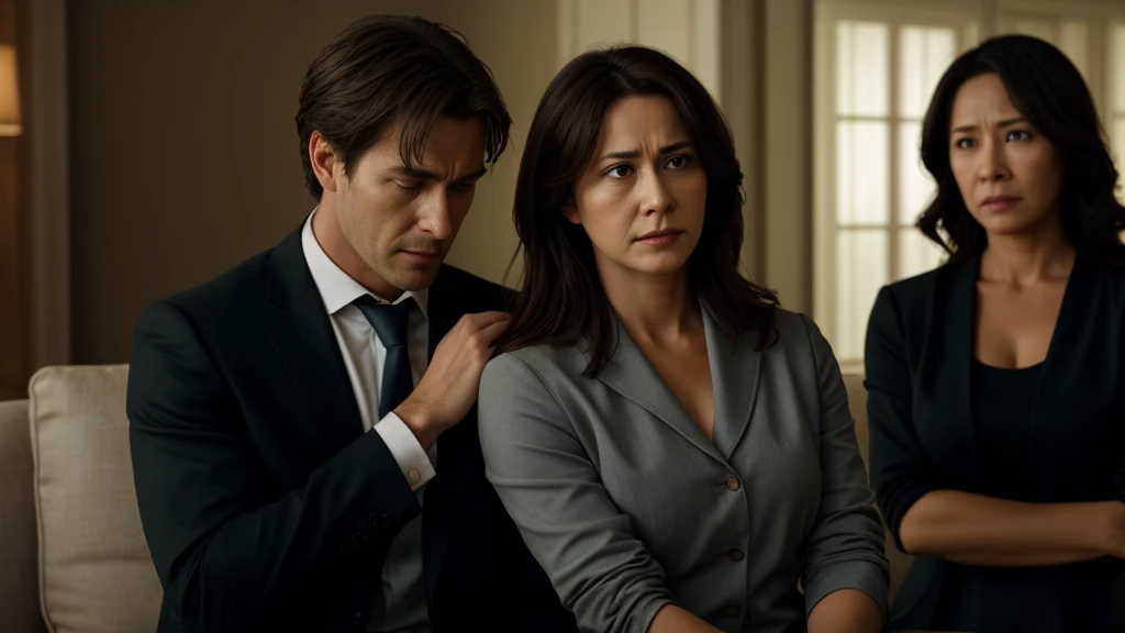 A realistic photo depicting a dramatic and emotional scene. A distressed man is sitting with his head in his hands, clearly overwhelmed by betrayal. In the background, his wife and her friend are standing together, both with smug, devious smiles on their faces. The wife's expression is particularly vindictive, highlighting her deceit. The scene should convey a strong sense of betrayal and emotional turmoil."